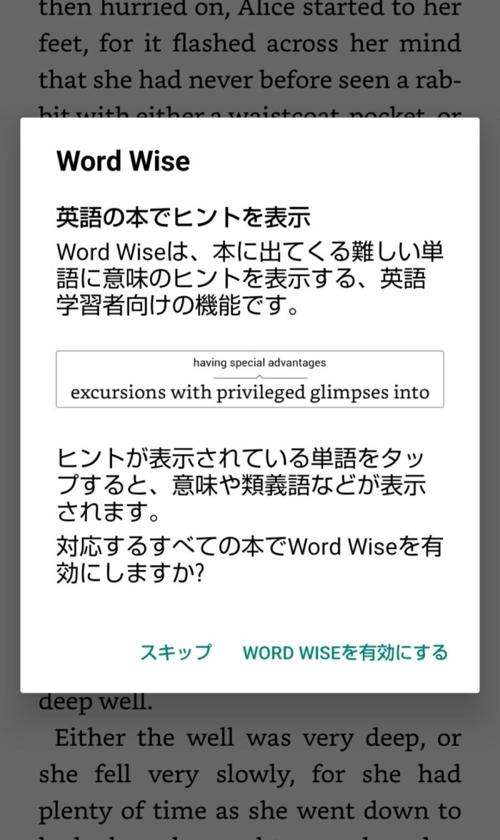 KindleアプリのWordWise機能画面