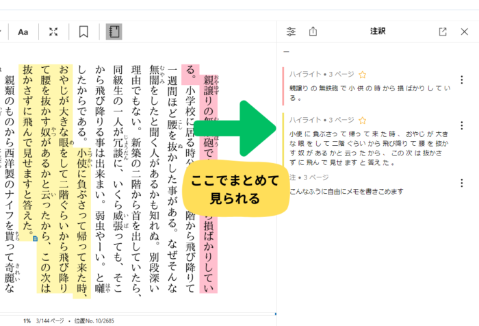 Kindle for PCのノートブックを開いた画面