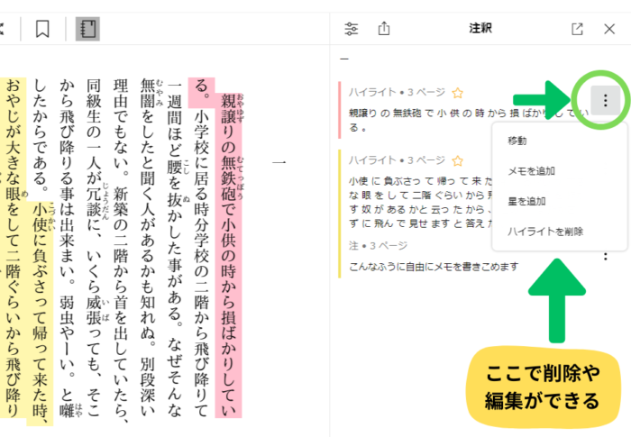 Kindle for PCのノートブックでハイライトやメモを編集する画面