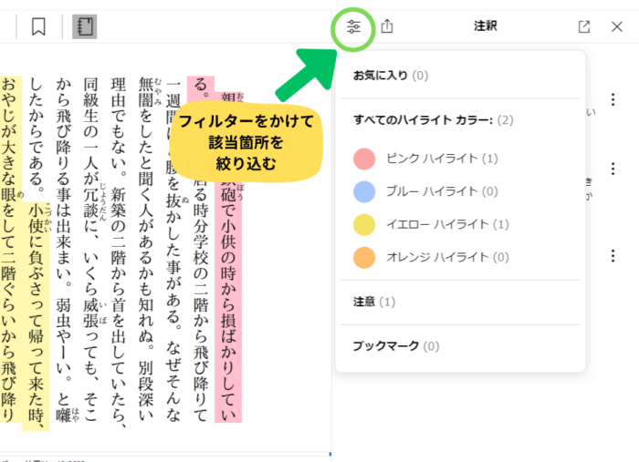 Kindle for PCのノートブックのフィルター項目