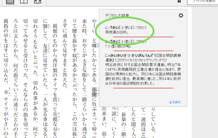 Kindle for PCで辞書が表示された画面