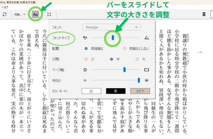 Kindle for PCでフォントサイズを調整する画面