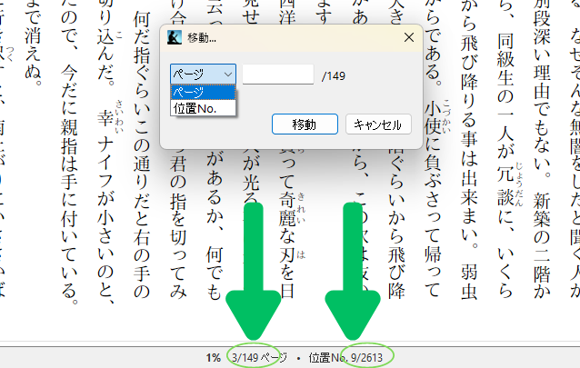 Kindle for PCでページ数や位置ナンバーが表示されている部分