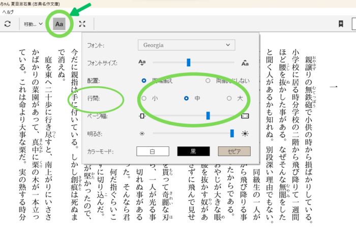 Kindle for PCで行間を調整する画面